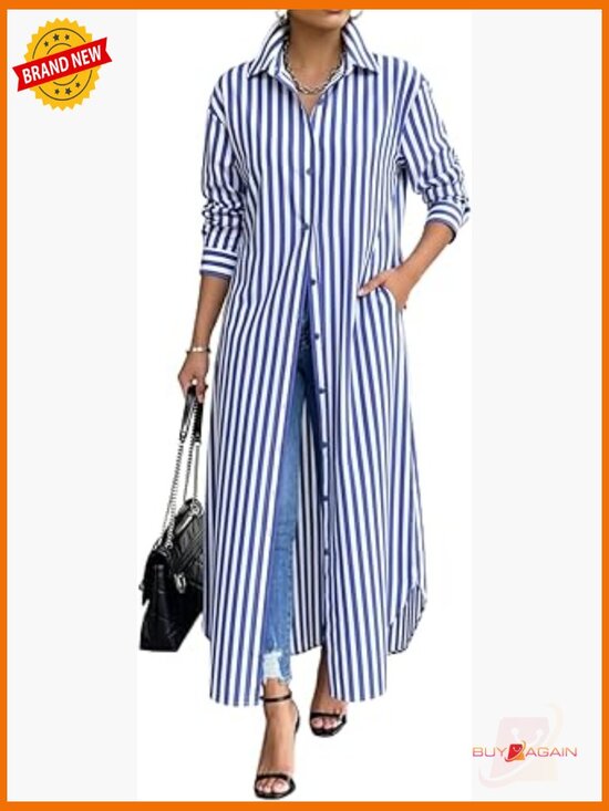Dresses & Skirts - Cotton Striped Button Down Maxi Dress with Pockets
